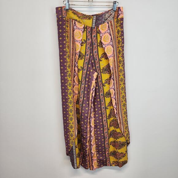 Elan Womens Paisley Wide Split Leg Pants Large Elastic Waist Silky Boho Hippie - Picture 1 of 12